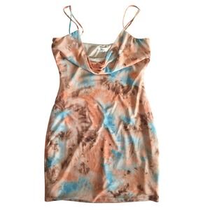 Beivy Large Orange Blue Tie Dye Mesh Cowl Neck Body Con Mini Dress Club Festival